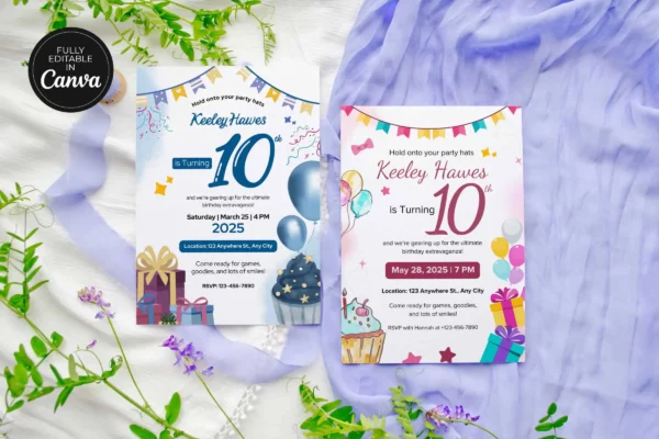 10Th Birthday Invitation Template It 65 Feature Images 4 Editable 10th birthday invitation canva template with colorful balloons, gifts, and party theme cards on soft fabric background