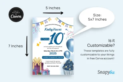 Editable 10th Birthday Invitation Canva Card Template
