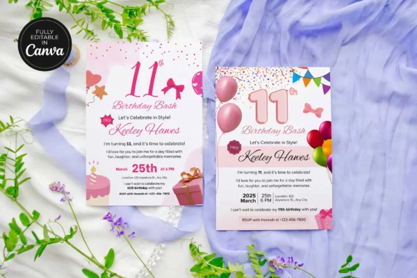 11Th Birthday Invitation Template It 66 Feature Images 4 Editable 11th birthday invitation canva template with colorful balloons, cake design, and customizable party details for kids