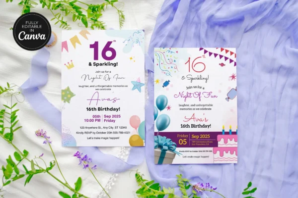 16Th Birthday Invitation Template It 71 Feature Images 4 Editable sweet 16 birthday invitation canva template with colorful party design, balloons, cake, and customizable details
