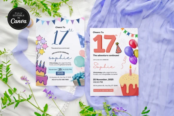 17Th Birthday Invitation Template 1T 72 Feature Images 4 Editable 17th birthday invitation canva template with colorful balloons, cake design, and customizable party details for teens