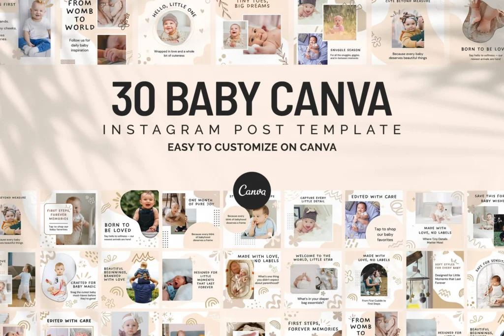 30 baby Instagram Canva post templates preview collage with neutral beige aesthetic layouts, cute baby photos editable social