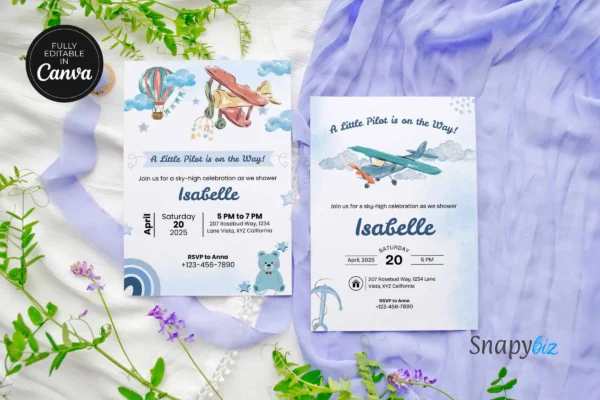 Blue Airplane Baby Shower Invitation Feature Images 4 Editable blue airplane baby shower invitation canva template with cute pilot theme, clouds, and customizable event details.