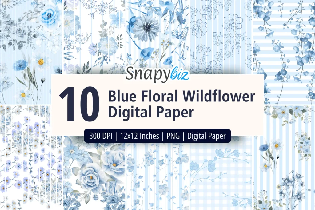 Blue floral wildflower digital paper set with seamless botanical patterns and soft vintage blue flower designs for crafts and scrapbooking