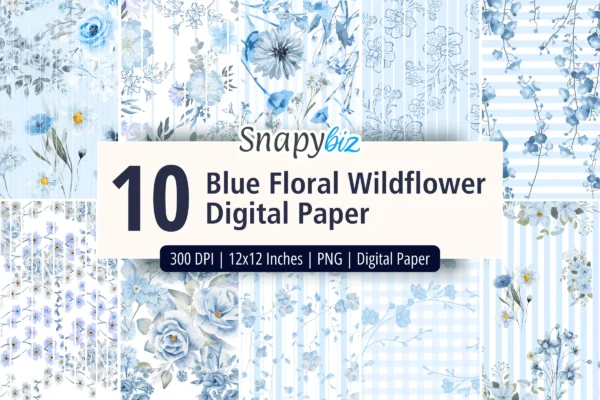 Blue Floral Wildflower Digital Paper Feature Images 1 Blue floral wildflower digital paper set with seamless botanical patterns and soft vintage blue flower designs for crafts and scrapbooking