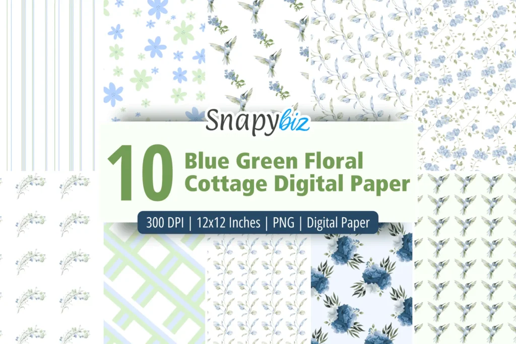 Blue green floral cottage digital paper set with vintage flowers, birds, and striped patterns for scrapbooking, crafts, and DIY designs