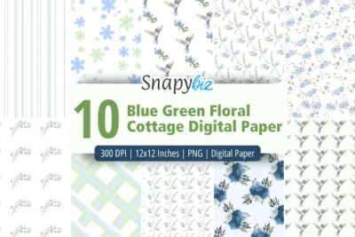 Blue green floral cottage digital paper set with vintage flowers, birds, and striped patterns for scrapbooking, crafts, and DIY designs