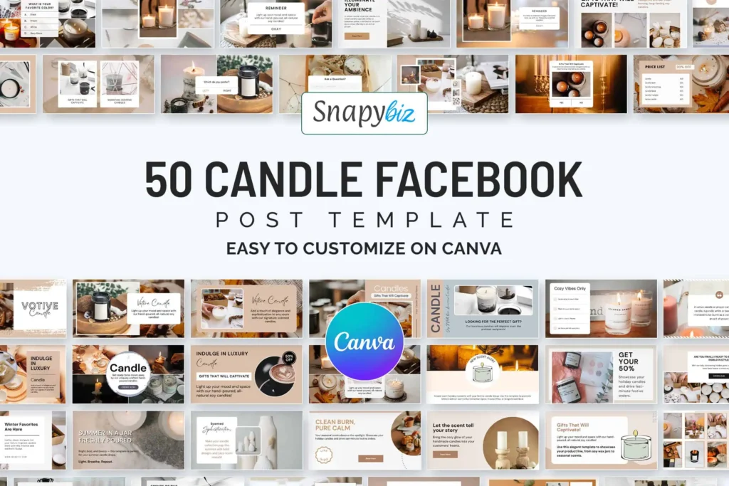 50 candle Facebook post templates for Canva with aesthetic candle branding layouts for handmade candle businesses and wax shop marketing posts