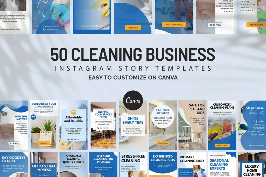 50 Cleaning Business Instagram Story Canva templates featuring service promos, offers, tips, and modern branding designs