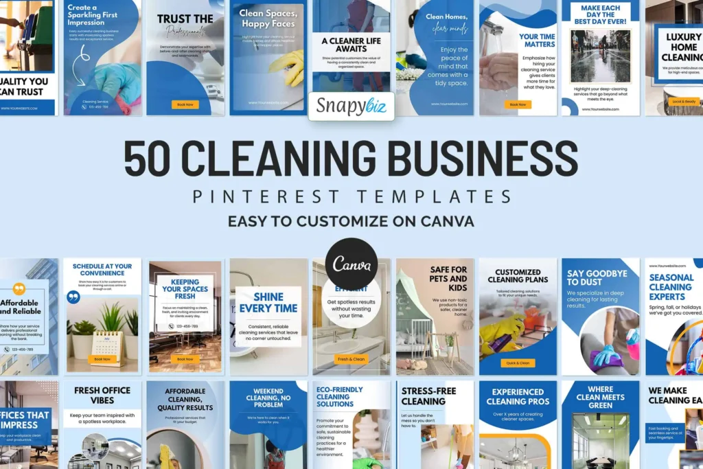 50 Cleaning Business Pinterest Canva templates featuring service promos, tips, offers, and modern branding pin designs