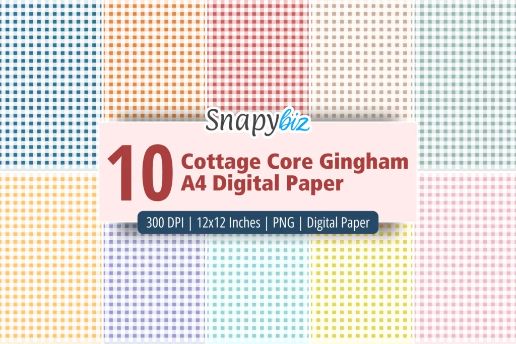 Cottage gingham seamless digital paper set with colorful check patterns for scrapbooking, crafts, invitations, and DIY designs