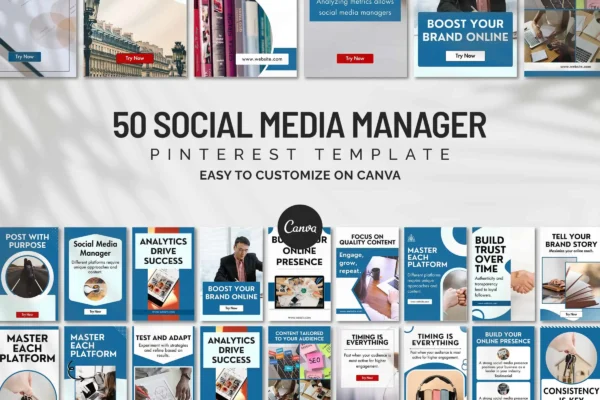 First Image Social Media Manager Pinterest Templates Social media manager pinterest canva templates bundle with blue modern pin designs for branding, marketing, and business growth