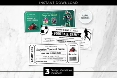 Editable football ticket Canva template with sports game design, admit one pass, team match details and surprise game invitation ticket