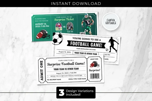 Football Ticket Template Feature Image 1 Editable football ticket canva template with sports game design, admit one pass, team match details and surprise game invitation ticket
