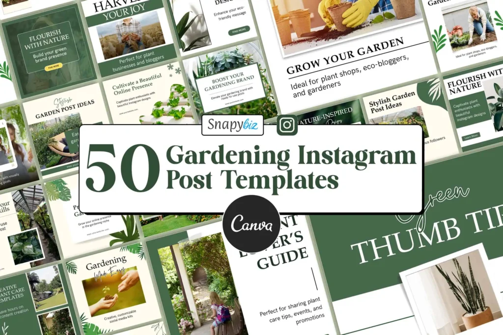Preview of 50 gardening Instagram post templates, editable Canva social media designs for plant shops and garden bloggers.