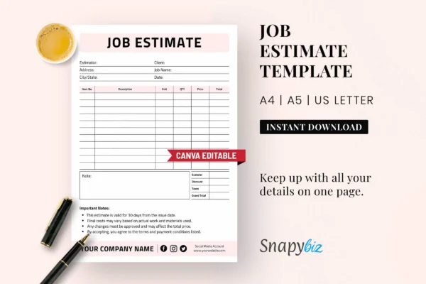 Job Estimate Template Fb 126 Feature Image 1 Editable job estimate template with a4, a5, us letter sizes, clean layout for quotes, pricing, and client details.