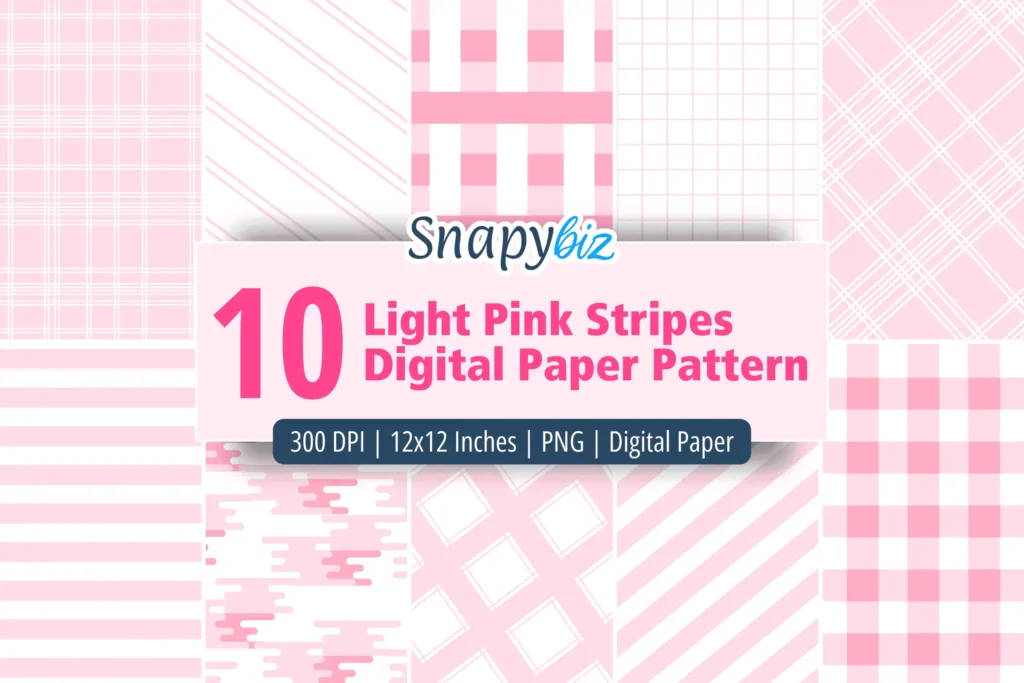 Light pink stripes digital paper pattern pack with soft pastel stripe and plaid designs for scrapbooking, crafts, planners, and backgrounds