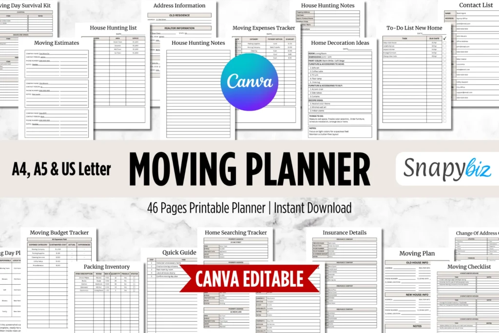 Canva Moving Checklist, Printable Planner PDF Canva Moving Checklist, Printable Planner PDF