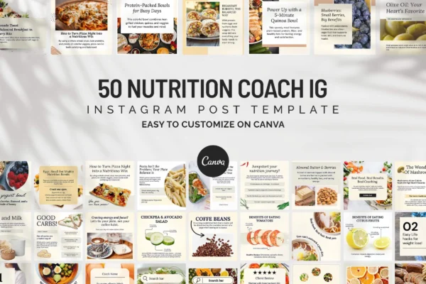 Nutrition Coach Instagram Post Templates Feature Images 1 50 nutrition coach instagram canva templates featuring healthy food posts, tips, meal plans, and coaching content designs