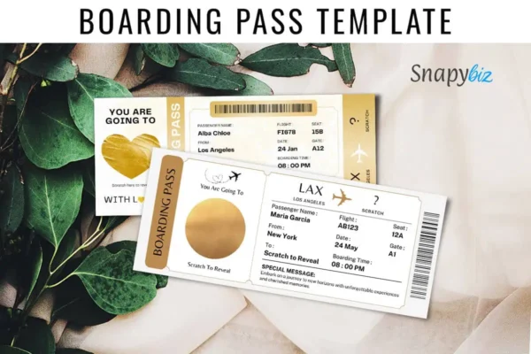 Personalised Scratch Refeal Boarding Pass Template Feature Images 3 Personalised scratch reveal boarding pass template, canva editable travel ticket gift with surprise destination design.