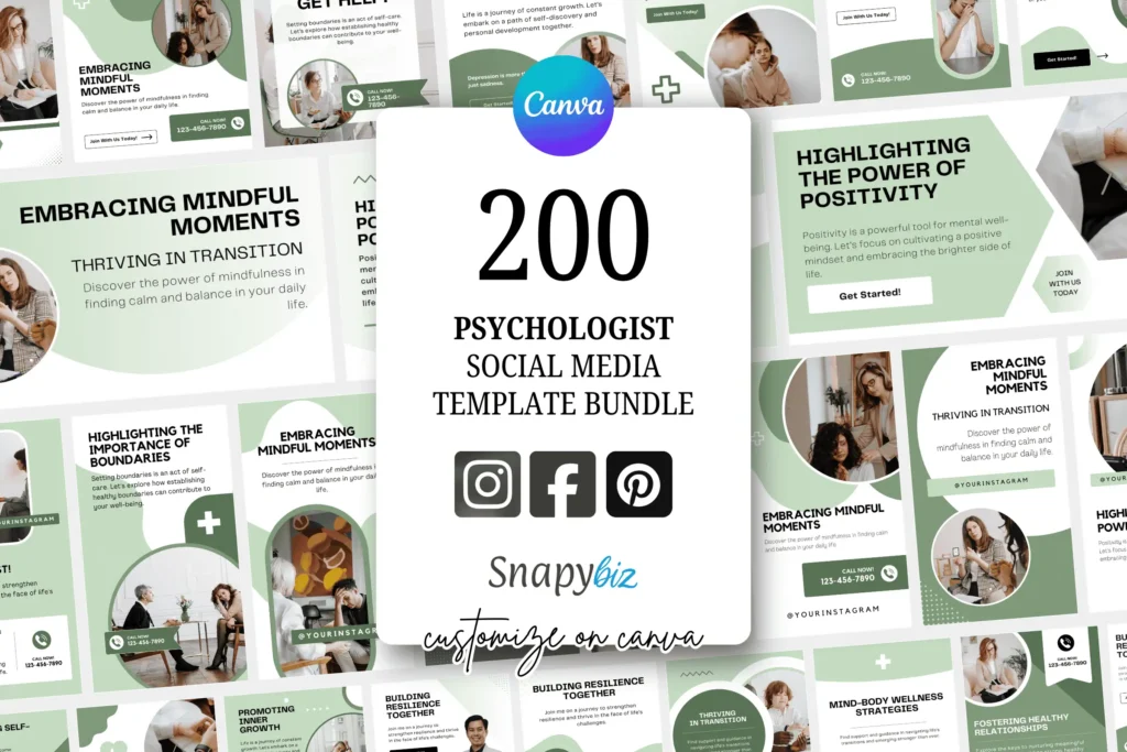 Psychology social media Canva template bundle with therapist Instagram posts, mental health content layouts and editable designs
