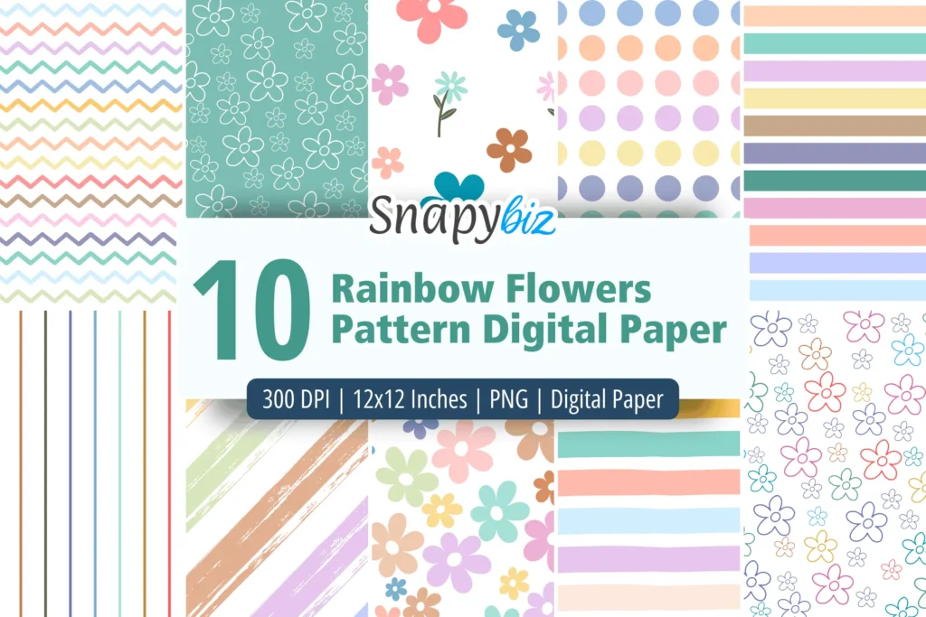 Rainbow flowers pattern digital paper with colorful floral stripes and polka dots seamless designs for crafts projects & DIYs