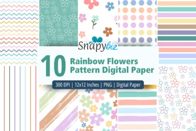 Rainbow flowers pattern digital paper with colorful floral stripes and polka dots seamless designs for crafts projects & DIYs