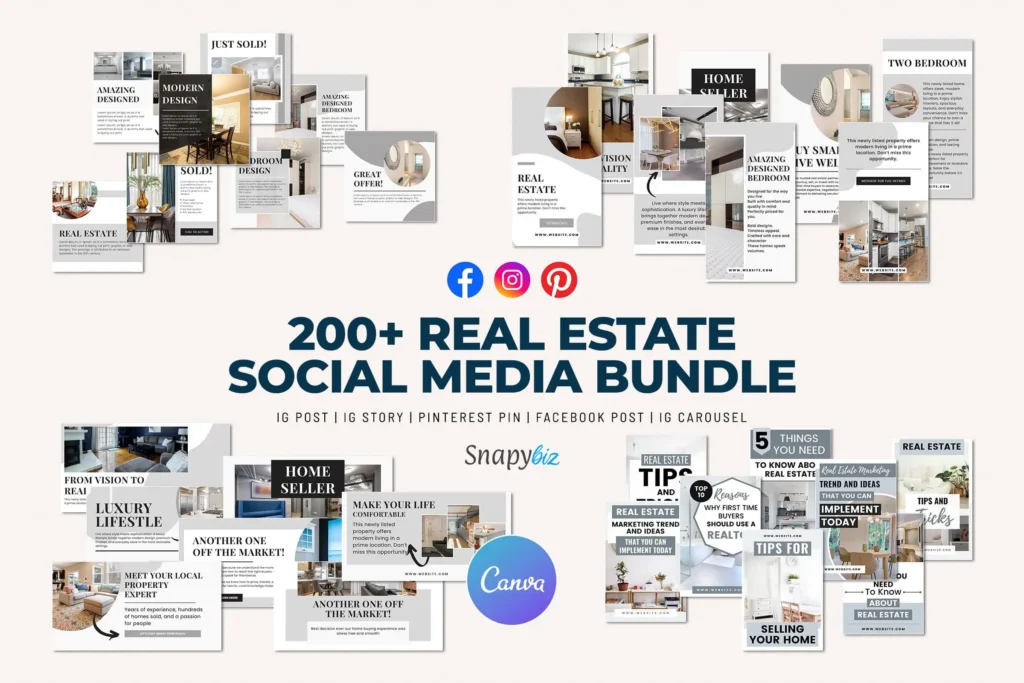 200+ real estate social media bundle Canva templates for Instagram, Facebook, Pinterest posts, stories and marketing designs