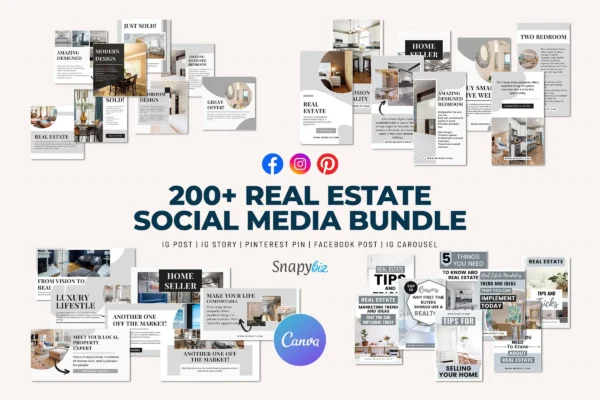 Real Estate Bundle Feature Images 1 200+ real estate social media bundle canva templates for instagram, facebook, pinterest posts, stories and marketing designs