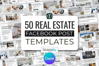 Preview of 50 real estate Facebook post templates, editable Canva designs for property listings, agents, and real estate marketing.