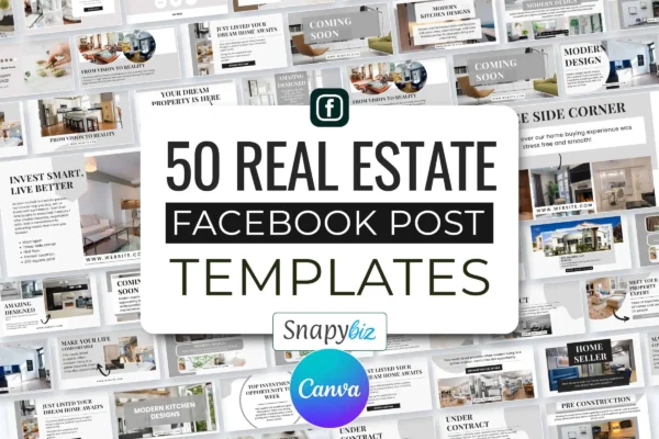 Real Estate Facebook Templates Feature Images 1 Preview of 50 real estate facebook post templates, editable canva designs for property listings, agents, and real estate marketing.
