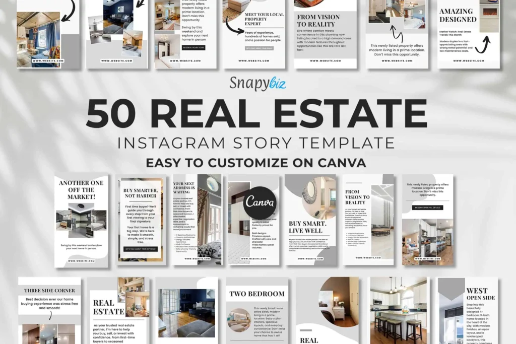 Preview of 50 real estate Instagram story templates, editable Canva designs for property listings, agents, and home marketing.