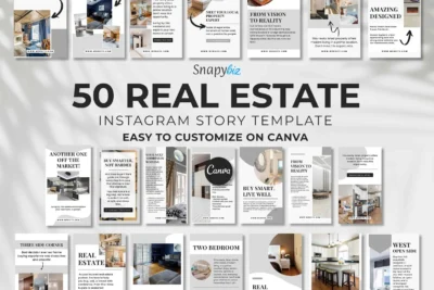 Preview of 50 real estate Instagram story templates, editable Canva designs for property listings, agents, and home marketing.