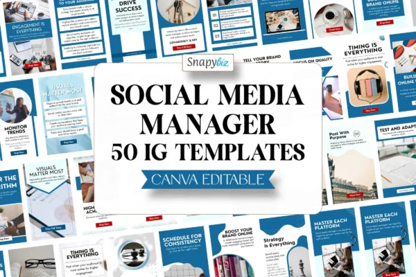 Social Media Manager Instagram Story Templates Feature Images 1 Social media manager instagram story canva templates bundle with blue modern layouts for marketing, branding, and business growth