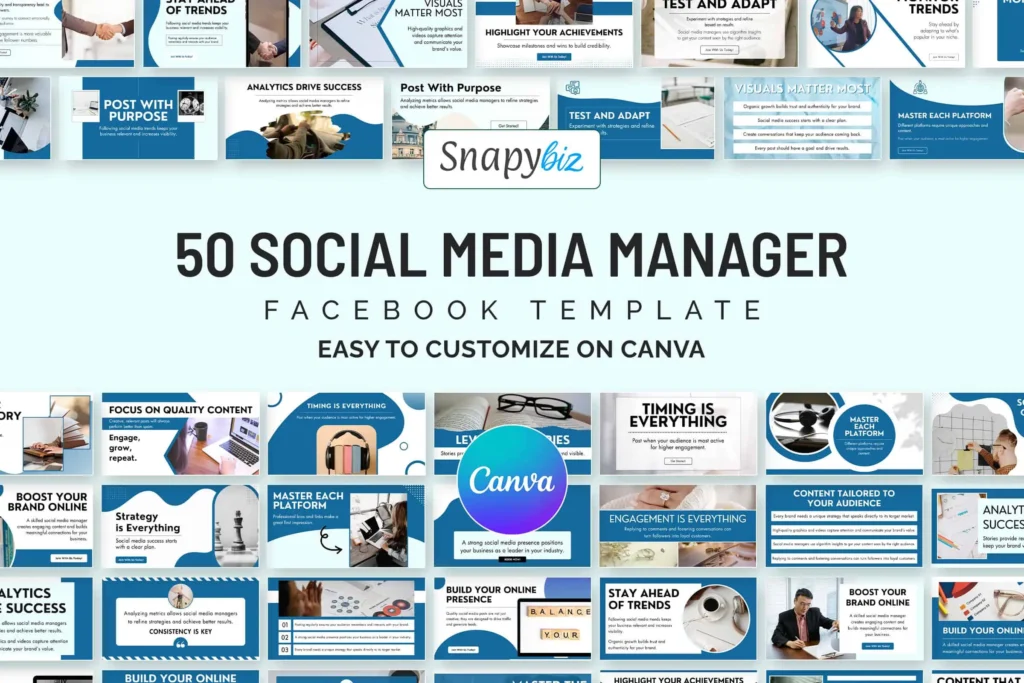 Social media manager Facebook templates bundle with editable Canva post designs for marketing, branding, tips and business promotion