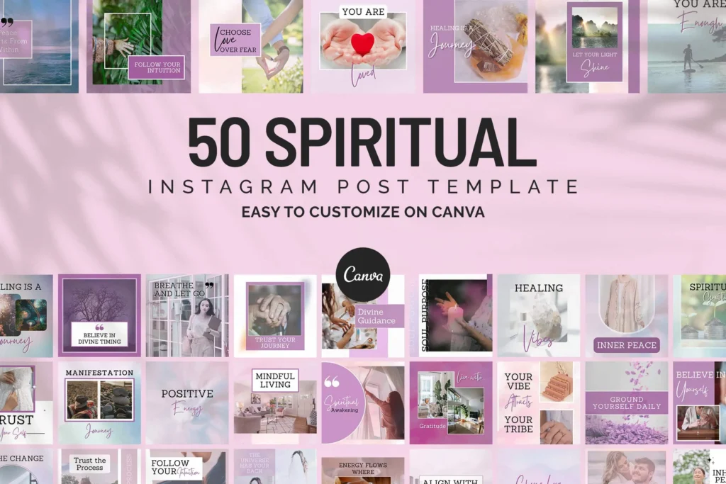 Preview of 50 spiritual Instagram post templates, editable Canva designs for affirmations, mindfulness quotes, and inspirational content creators