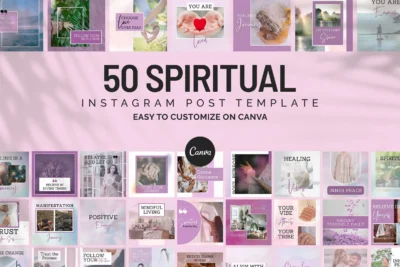 Preview of 50 spiritual Instagram post templates, editable Canva designs for affirmations, mindfulness quotes, and inspirational content creators