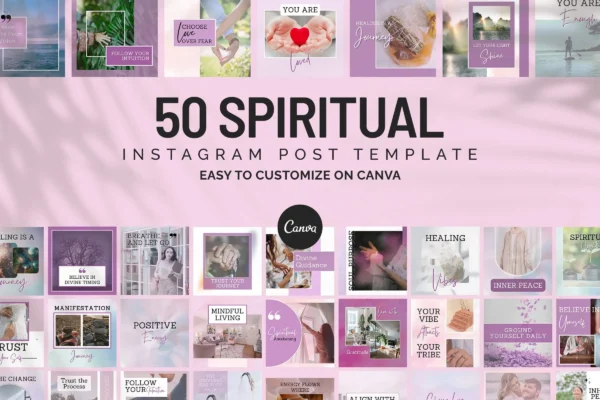 Spiritual Instagram Templates Feature Images 1 Preview of 50 spiritual instagram post templates, editable canva designs for affirmations, mindfulness quotes, and inspirational content creators