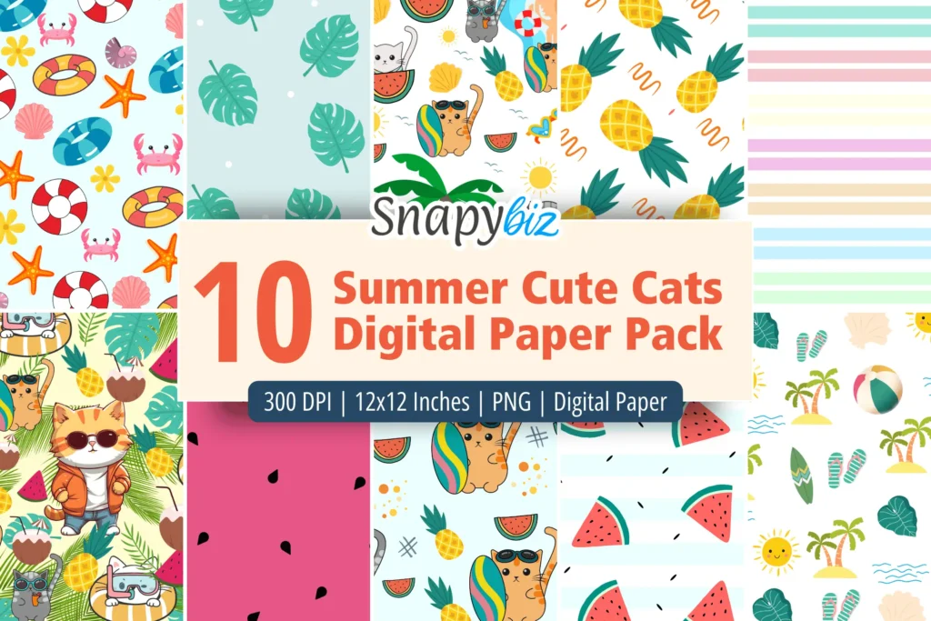 Summer cute cats seamless digital paper pack with playful cat, pineapple, watermelon and beach patterns for crafts and scrapbooking