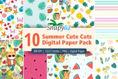 Summer cute cats seamless digital paper pack with playful cat, pineapple, watermelon and beach patterns for crafts and scrapbooking