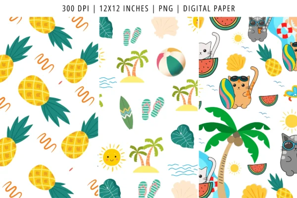 Summer Cute Cats Digital Paper Pack Feature Images 4 Summer cute cats seamless digital paper - image 4