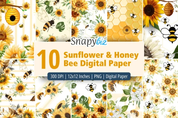 Sunflower Honey Bee Digital Paper Feature Images 1 Sunflower honey bee seamless digital paper set with bright floral, bee and honeycomb patterns for scrapbooking and diy crafts