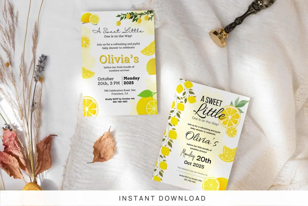 Sweet Little One lemon baby shower invitation template with citrus design, yellow accents, and printable Canva editable cards