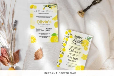 Sweet Little One lemon baby shower invitation template with citrus design, yellow accents, and printable Canva editable cards