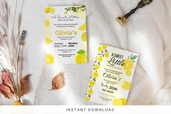 Sweet Little One Lemon Baby Shower Invitation It 53 Feature Images 1 Sweet little one lemon baby shower invitation template with citrus design, yellow accents, and printable canva editable cards