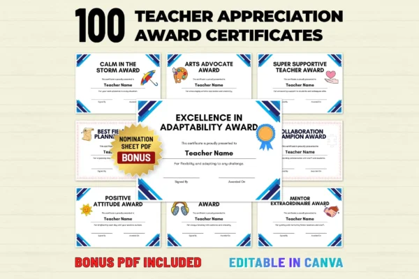 Teacher Appreciation Award Certificates Bundle Feature Image 1 Editable teacher appreciation award certificates canva templates bundle with multiple designs for school recognition and appreciation events