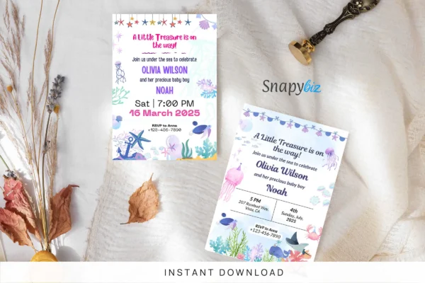 Under The Sea Baby Shower Girl Invite Template Feature Images 1 Under the sea baby shower invitation template with ocean theme, cute sea animals, and editable canva design for events.