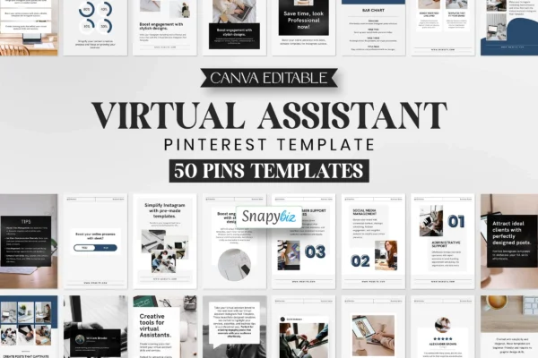 Virtual Assistant Pinterest Template Feature Images 1 Virtual assistant canva pinterest template bundle with 50 editable pin designs for social media marketing and branding