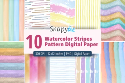 Watercolor stripes pattern digital paper set with colorful brush stroke textures for scrapbooking, crafts, planners, and DIY designs