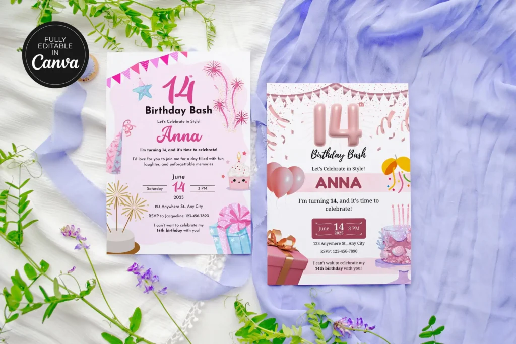 Editable 14th birthday invitation Canva template with pink design, balloons, cake, and teen party celebration details
